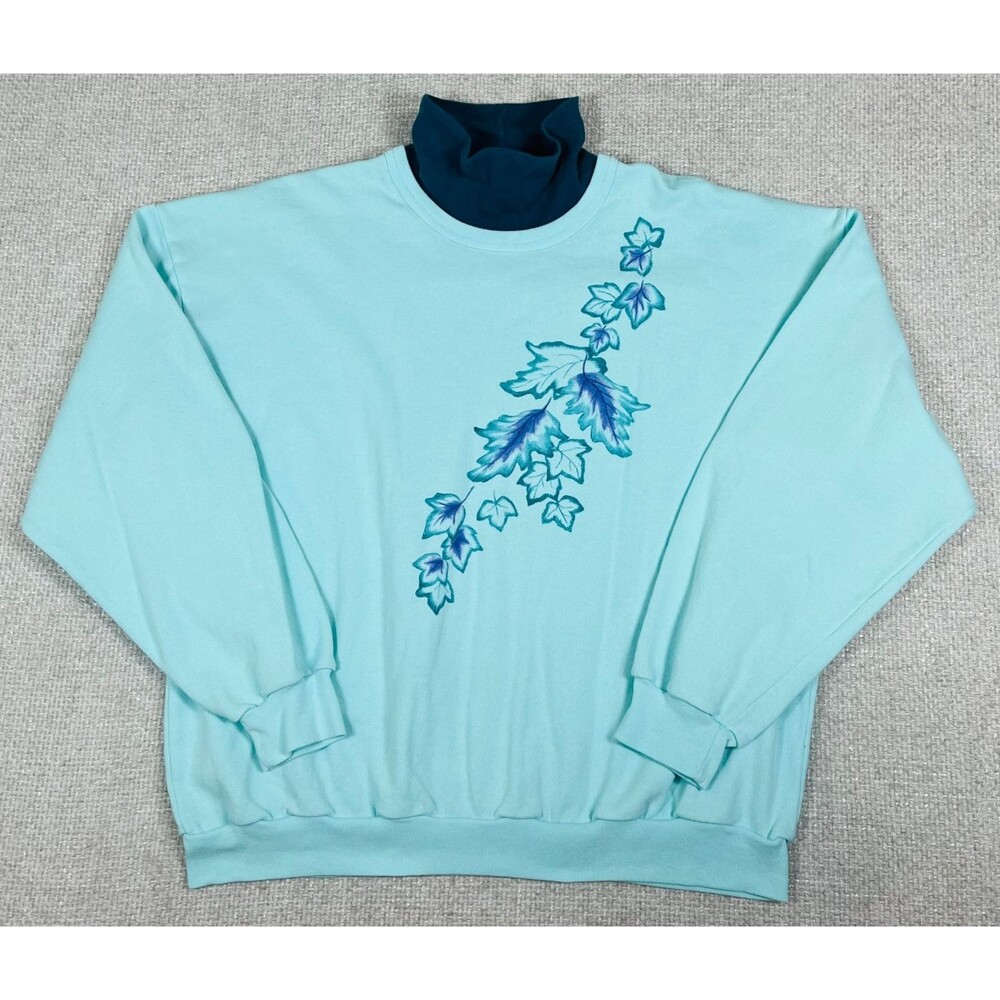 Vintage PFI Fashions Sweatshirt Sweater Women's 2X Blue Leaves